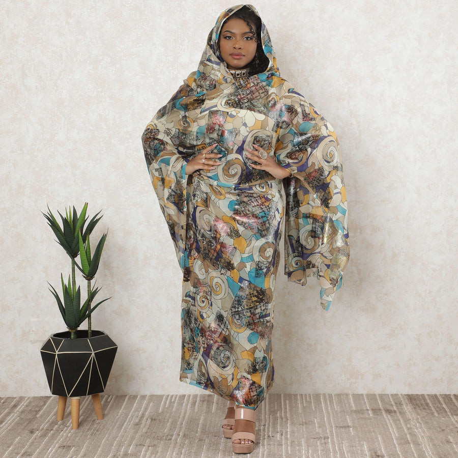 ثوب شيفون حرير خالص فاخر باللون البيج اللاتيه مع لوريكس معدني متعدد الألوان بتصميم تجريدي-D11643