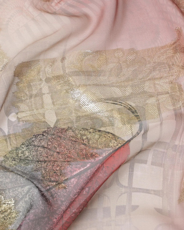 Sand brown synthetic chiffon fabric with same tone, copper and olive green print having gold metallic lurex in Leaf design-D7009 Regal Fabrics