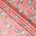 Salmon peach cotton satin fabric with multicolor print in floral design-D15261
