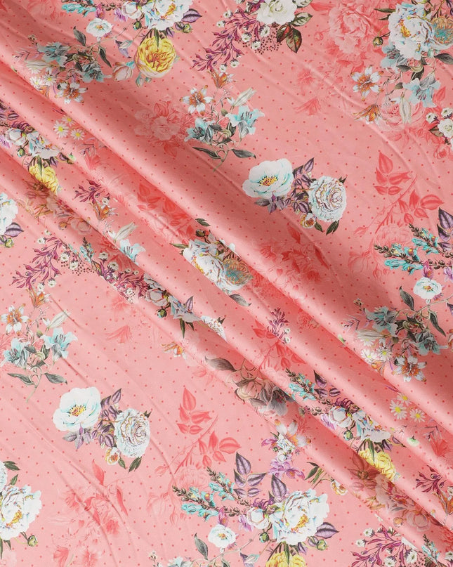 Salmon peach cotton satin fabric with multicolor print in floral design-D15261 Regal Fabrics