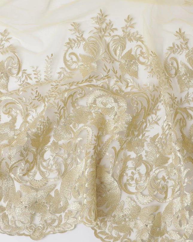 Gold nylon tulle fabric with same tone embroidery in floral design-D11689 Regal Fabrics