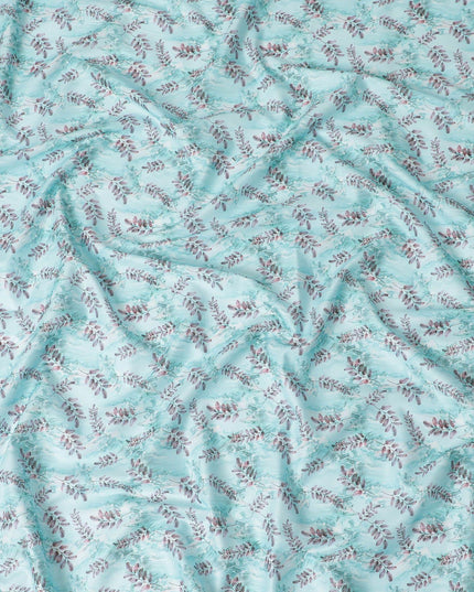 Powder blue cotton lawn fabric with same tone and brownish pink print in leaf design-D15283 - Regal Fabrics