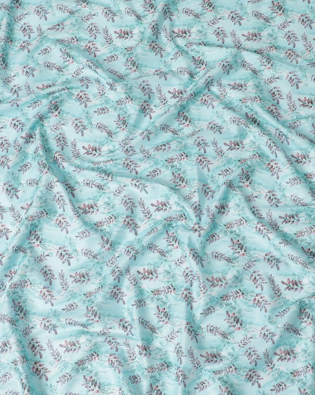 Powder blue cotton lawn fabric with same tone and brownish pink print in leaf design-D15283 Regal Fabrics