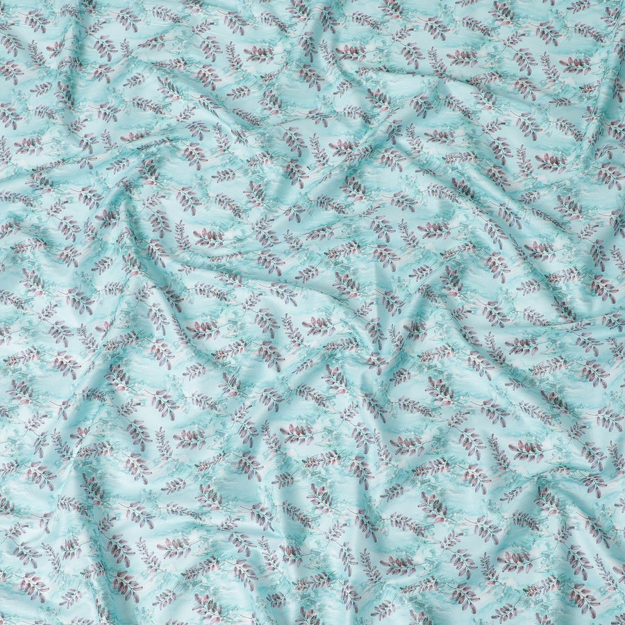 Powder blue cotton lawn fabric with same tone and brownish pink print in leaf design-D15283 - Regal Fabrics