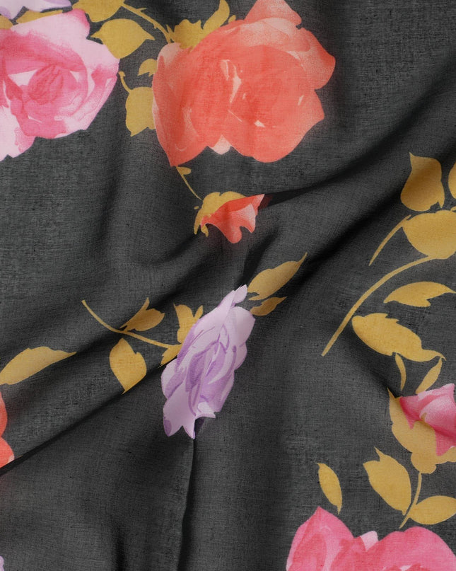 Black Swiss cotton voile fabric with gold, creamy pink and lilac print in floral design