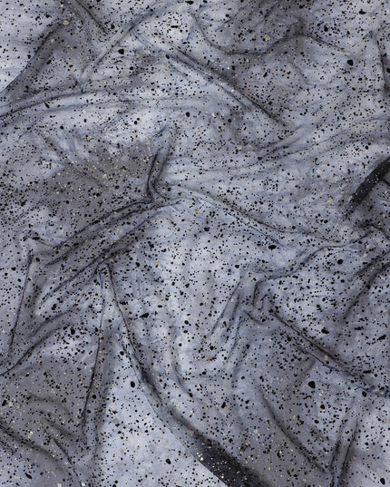 Cloud grey, black Premium pure French (Fransawi) silk chiffon fabric with black flock and silver glitter in fancy design-D14449