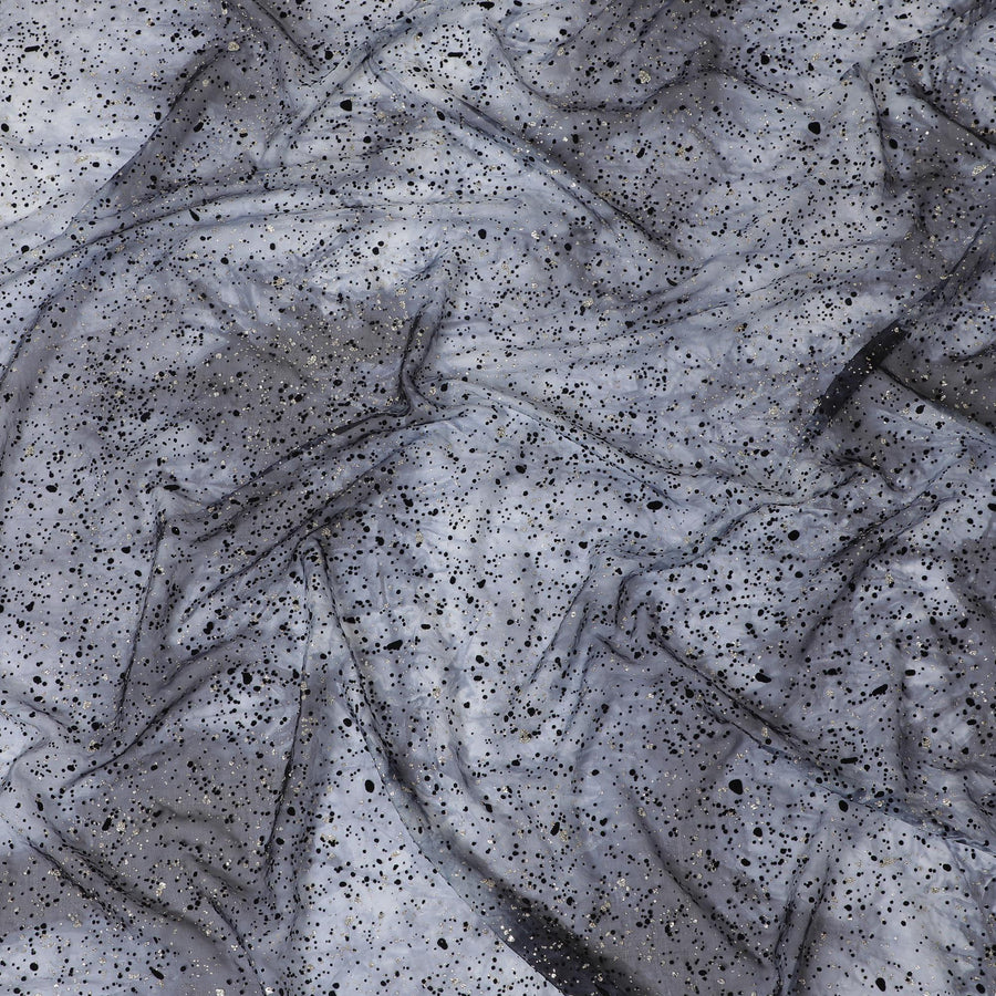 Cloud grey, black Premium pure French (Fransawi) silk chiffon fabric with black flock and silver glitter in fancy design-D14449