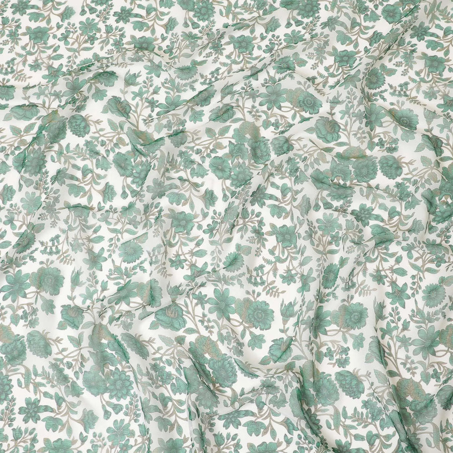 Off white silk wrinkle chiffon fabric with forest green and olive green print in floral design-D8561 Regal Fabrics