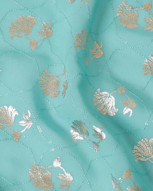 Tiffany blue synthetic georgette fabric with same tone embroidery having gold foil print in floral design-D12033 Regal Fabrics