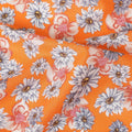 Orange cotton lawn fabric with off white, silver grey and copper brown print in floral design-D10848