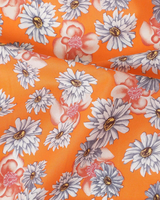 Orange cotton lawn fabric with off white, silver grey and copper brown print in floral design-D10848 Regal Fabrics