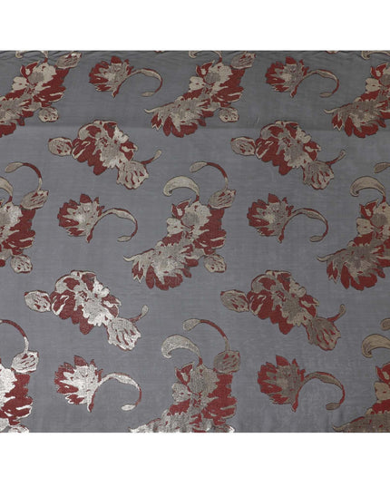 Black premium pure French (Fransawi) silk chiffon fabric with maroon viscose and gold metallic lurex in floral design-D10583