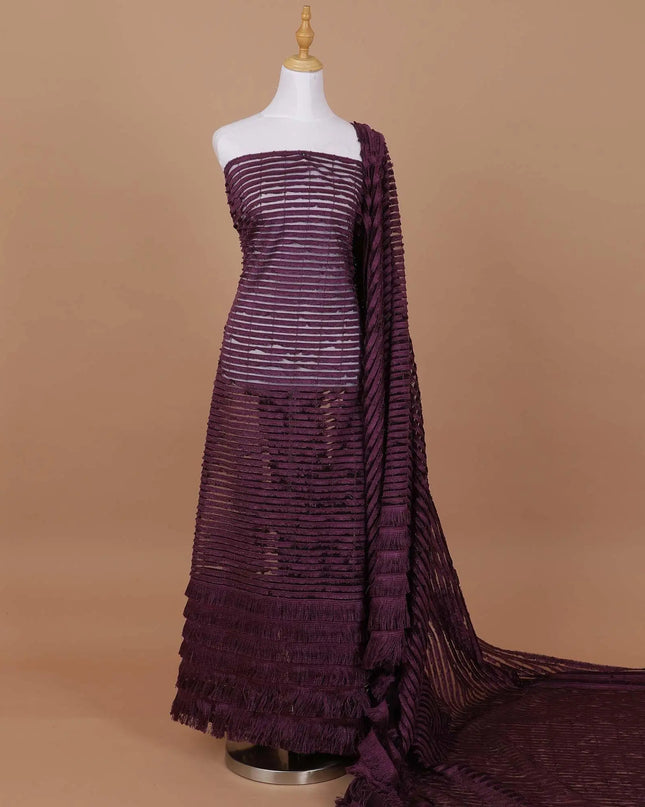 Plum fancy nylon tulle fabric with same tone embroidery in stripe design-D9183 Regal Fabrics