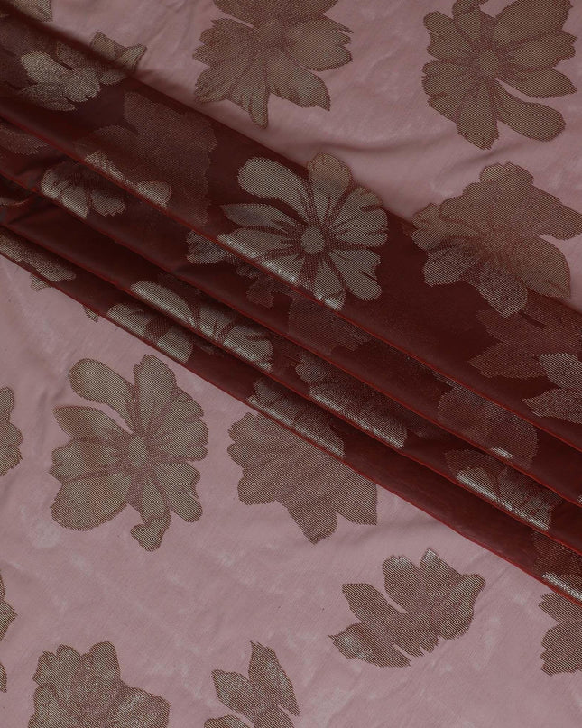 Maroon Premium pure Italian silk chiffon fabric with gold metallic lurex in floral design-D10795