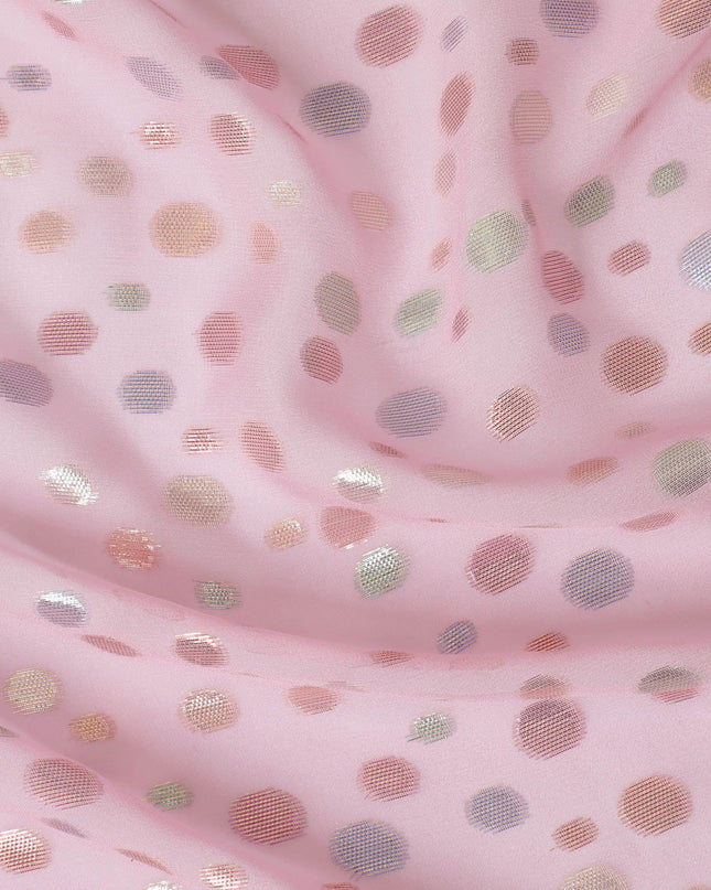 Baby pink Premium pure silk chiffon fabric with multicolor metallic lurex in dot design-D15334