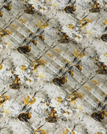 Off white viscose fabric with grey, mustard and dark olive print in floral design-D12262 Regal Fabrics