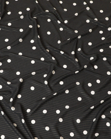 Black Italian viscose crepe fabric with off white print having gold metallic lurex stripe in Polka dot design-D7807