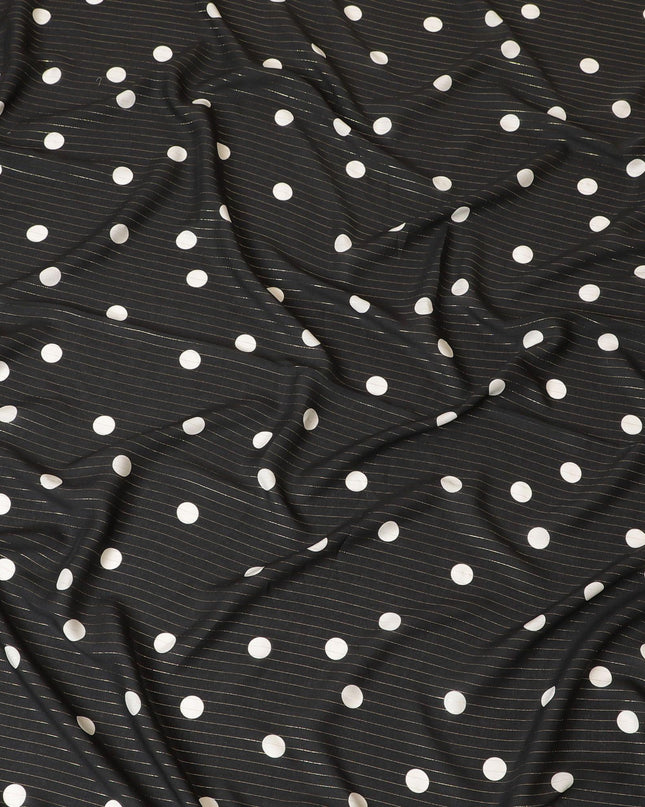 Black Italian viscose crepe fabric with off white print having gold metallic lurex stripe in Polka dot design-D7807