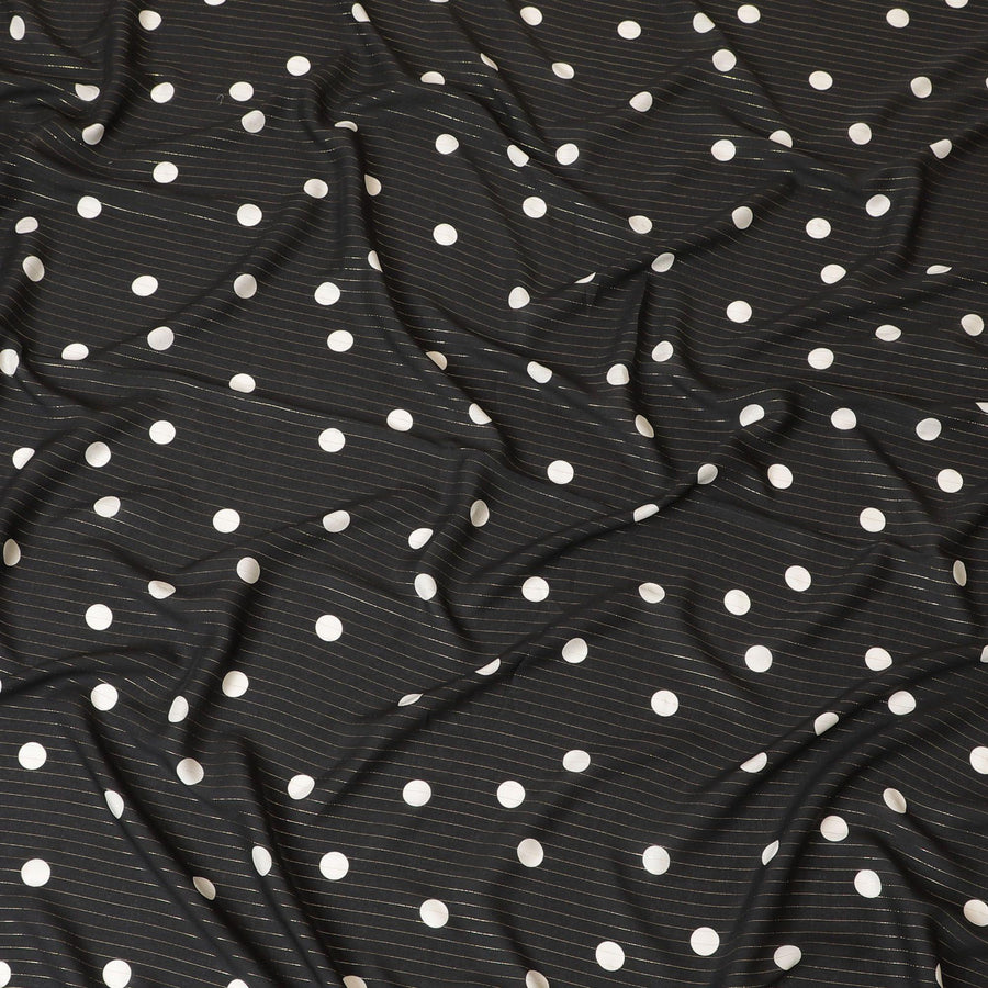 Black Italian viscose crepe fabric with off white print having gold metallic lurex stripe in Polka dot design-D7807