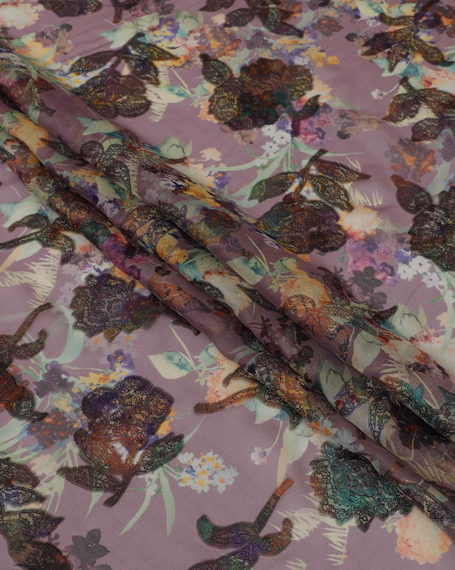 قماش شيفون حريري نقي فاخر باللون الأرجواني المنقط مع طباعة متعددة الألوان ولوريكس معدني بتصميم زهور-D13236