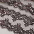 Umber brown nylon nylon tulle fabric with same tone metallic embroidery in floral design