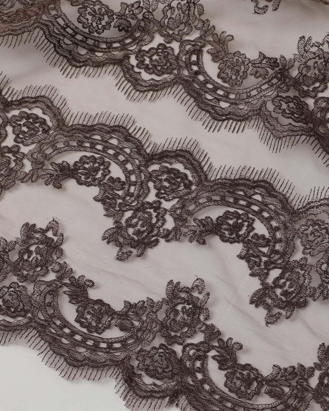 Umber brown nylon nylon tulle fabric with same tone metallic embroidery in floral design Regal Fabrics