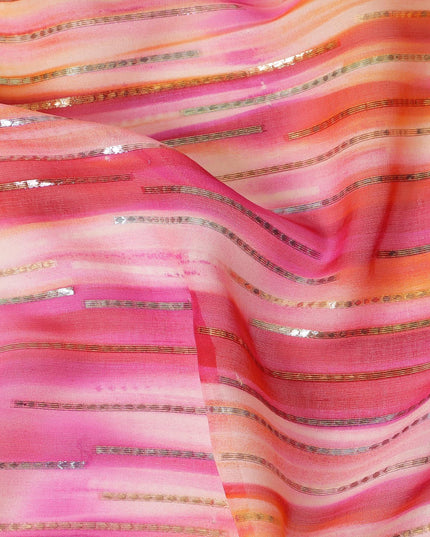 قماش شيفون من الحرير الخالص باللون الوردي مع لوريكس معدني ذهبي وفضي بتصميم مخطط -D13982