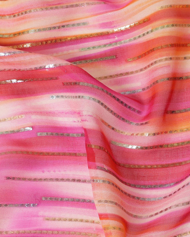 قماش شيفون من الحرير الخالص باللون الوردي مع لوريكس معدني ذهبي وفضي بتصميم مخطط -D13982