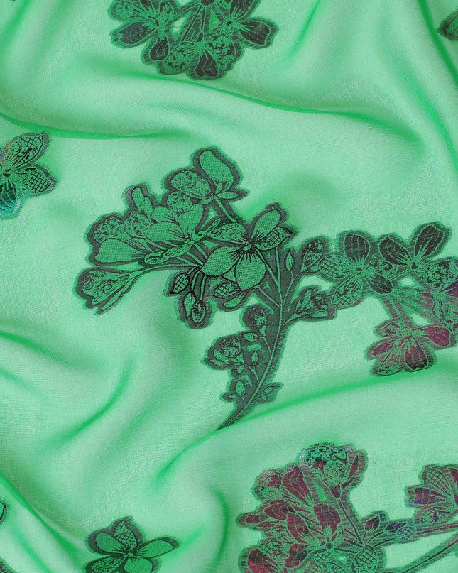 قماش شيفون حريري نقي فاخر باللون الأخضر الغاب مع لوركس معدني متعدد الألوان بتصميم زهور -D9662