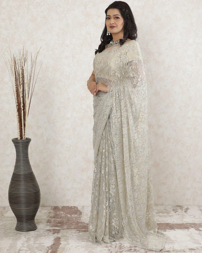 Off white, gold, silver Premium Pure metallic French chantilly lace saree having stone work in floral design-D13473 Regal Fabrics