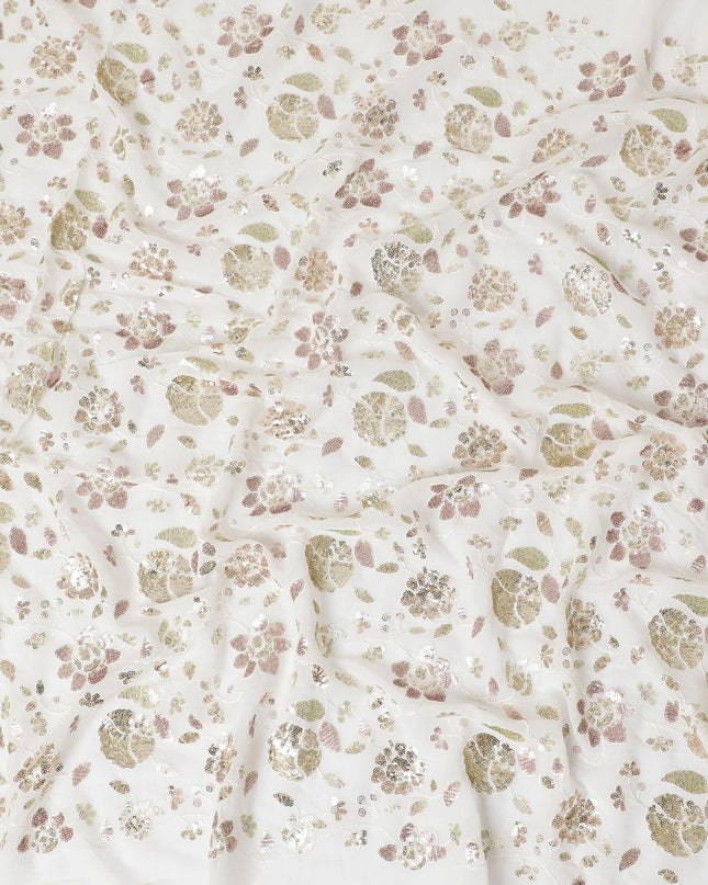 قماش شيفون من الحرير الخالص باللون الأبيض الفاتح بنفس اللون، وتطريز بالترتر بتصميم الأزهار-D13676