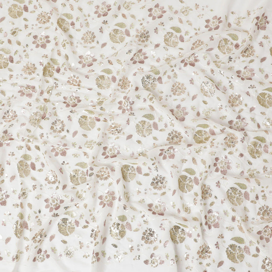 Off white premium pure silk chiffon fabric with same tone, sequins embroidery in floral design-D13676