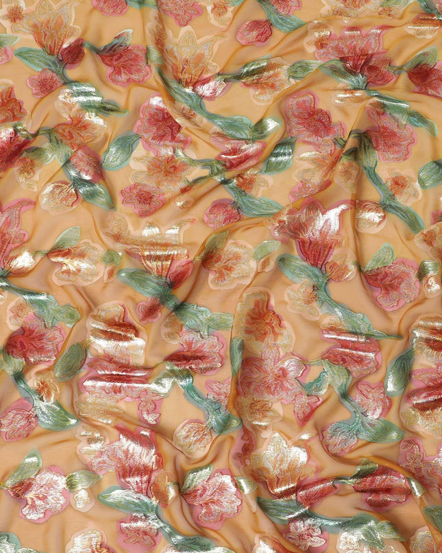 قماش شيفون حرير خالص فاخر باللون البني الخردل مع طباعة يدوية متعددة الألوان ولوريكس معدني بتصميم زهور-D10424