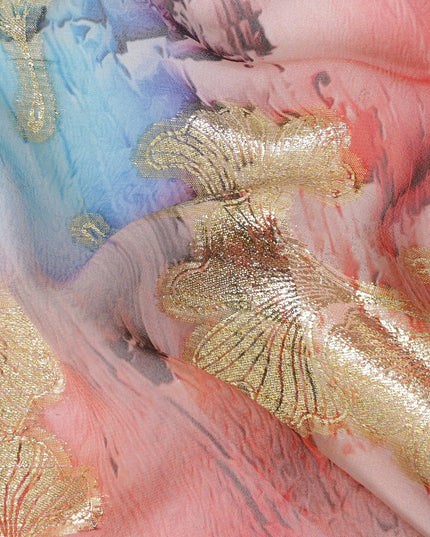 Multicolor synthetic chiffon fabric with gold metallic lurex in fancy design-D12606 Regal Fabrics
