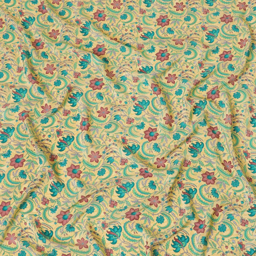 Mellow yellow pure silk crepe fabric with multicolor print in floral design-D8115 Regal Fabrics