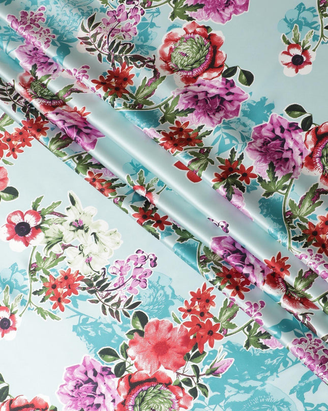 قماش ساتان حريري خالص باللون الأزرق السماوي مع طباعة متعددة الألوان بتصميم الأزهار-D11037