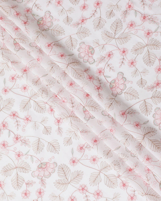 قماش فوال من القطن الخالص الأبيض الفاخر مع تطريز باللونين البني والوردي الصغير بتصميم الأزهار-D15234