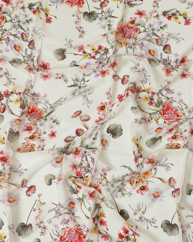 Beige synthetic crepe fabric with multicolor print in floral design-D10003