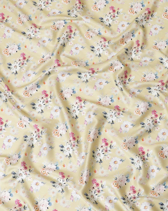 Beige cotton satin fabric with peach, maya blue, off white and cerise pink print in floral design-D7377