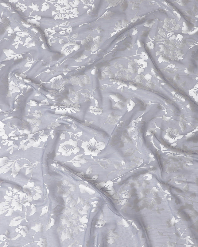 Iron grey Premim pure silk chiffon fabric with silver jacquard in floral design-D15315