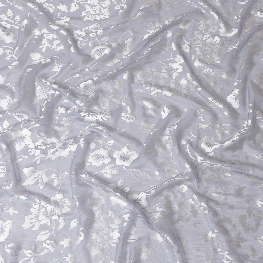 قماش شيفون من الحرير الخالص باللون الرمادي الحديدي مع جاكار فضي بتصميم زهور-D15315