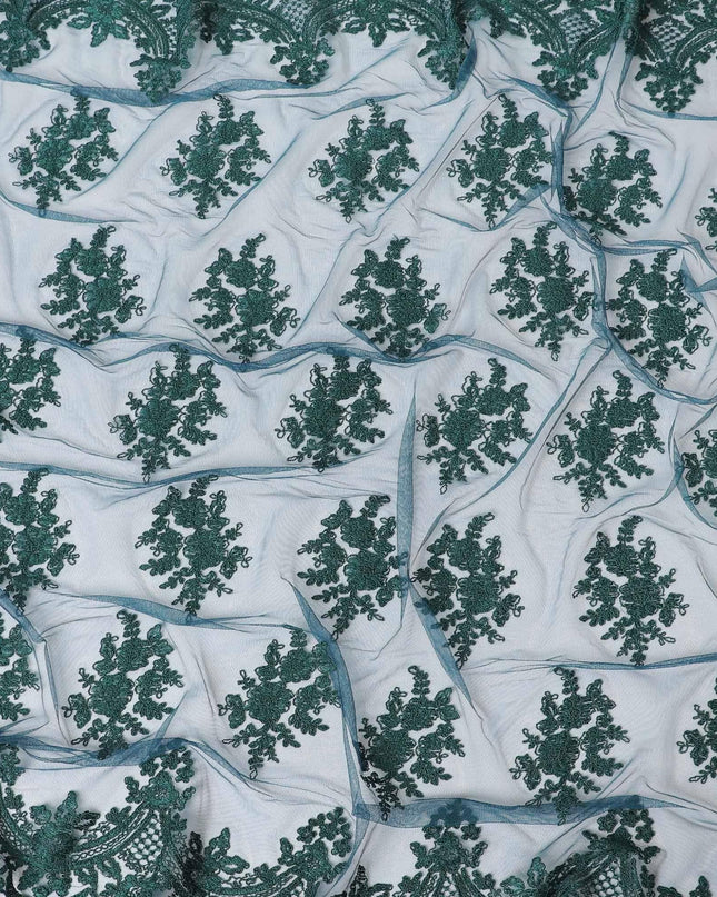 Petrol blue nylon tulle fabric with bottle green embroidery in floral design-D6686 Regal Fabrics