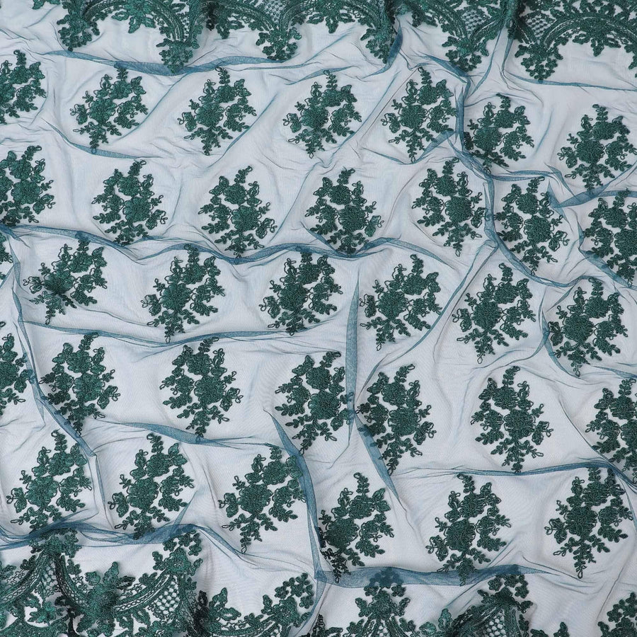 Petrol blue nylon tulle fabric with bottle green embroidery in floral design-D6686