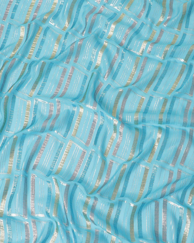Baby blue Premium pure silk chiffon fabric with multicolor metallic lurex in abstract design-D13846