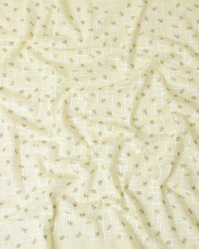 Banana yellow cotton voile fabric with same tone, sage green and white embroidery in floral design-D11942