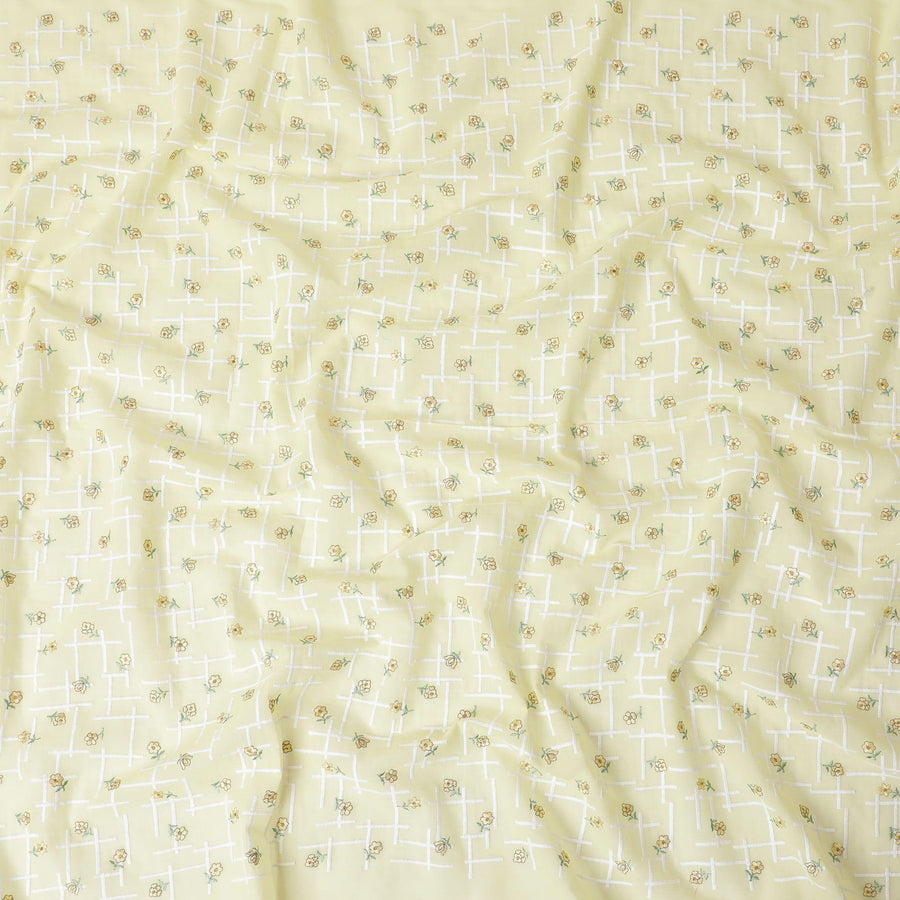 Banana yellow cotton voile fabric with same tone, sage green and white embroidery in floral design-D11942