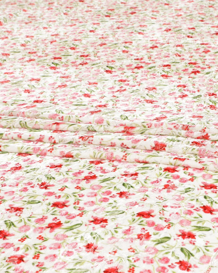 Beige Premium Italian silk chiffon dirac (makmal) fabric with olive green, scarlet red print having velvet jacquard in floral design-D8703