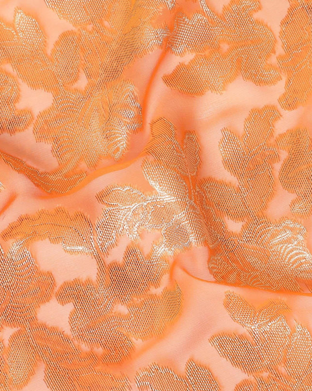 Royal Orange Premium (Fransawi) French pure silk chiffon fabric with gold metallic lurex in floral design-D9423