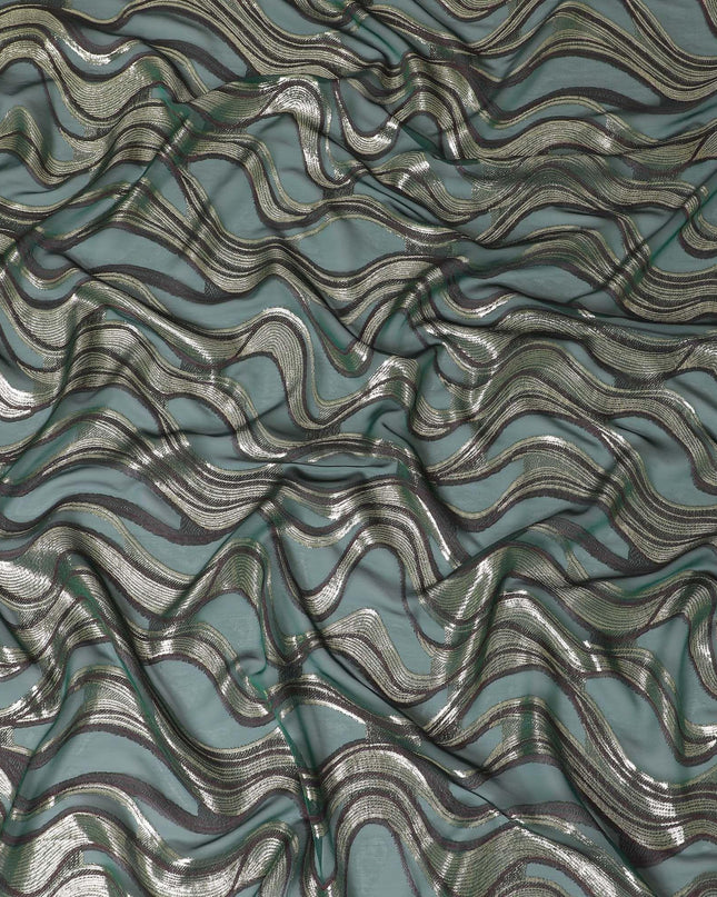 قماش من الشيفون الحريري الفرنسي (الفرنساوي) الفاخر باللون الأخضر الزجاجي مع الفيسكوز البني والوركس المعدني الذهبي بتصميم تجريدي-D14266