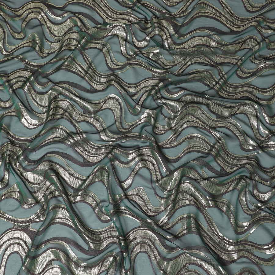 Bottle green Premium pure French (Fransawi) silk chiffon fabric with brown viscose and gold metallic lurex in abstract design-D14266